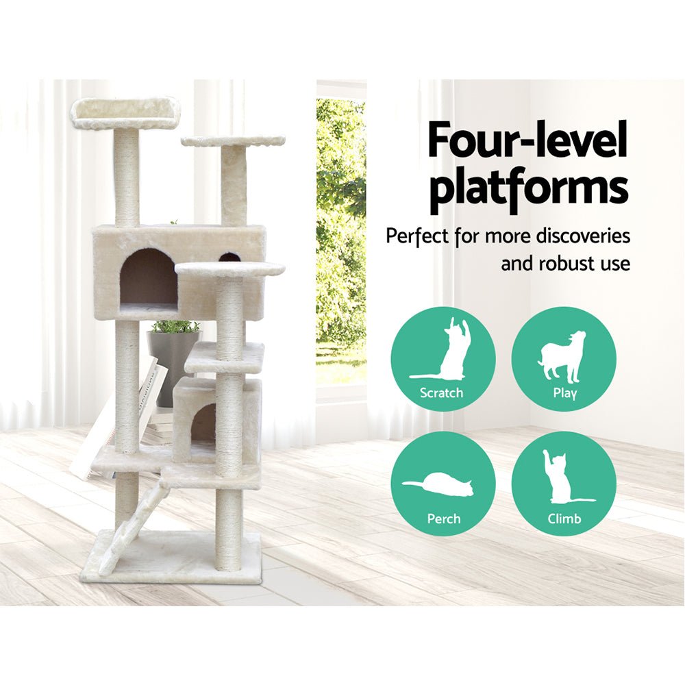 Cat Tree 134cm Trees Scratching Post Scratcher Tower Condo House Furniture Wood Beige-9